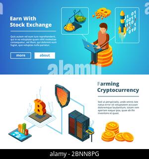 Cryptocurrency business banners. Global ico blockchain crypto digital money company coins mining vector isometric concept Stock Vector