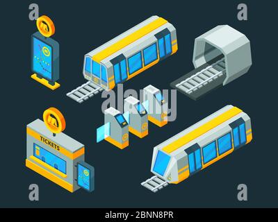 Metro elements. Train escalator and subway gate vector isometric low poly 3d pictures Stock Vector