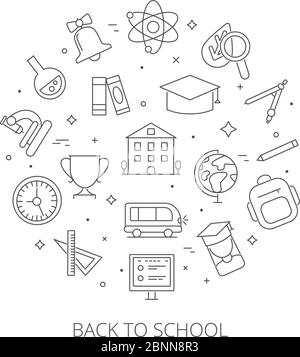 Round shape with school symbols. Symbols and pictures of science Stock Vector