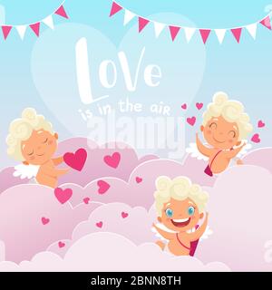 Cupid clouds background. Valentine day baby amur romantic greece god with bow flying clouds hunting lovers couples vector illustration Stock Vector