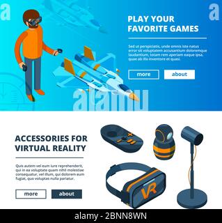 VR banners. Virtual game simulation portable reality equipment helmet headset glasses vector isometric pictures Stock Vector