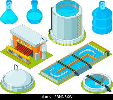 Water cleaning. Watering treatment waste separation transport chemical industrial water purification vector isometric pictures Stock Vector