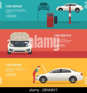 Car repair banners. Workers at automobile workshop service maintenance car with mechanic tools. Vector flat pictures place for text Stock Vector
