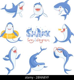 Shark cute animal. Fish attack playing hungry and happy ocean sea shark with big teeth scary blue vector characters Stock Vector