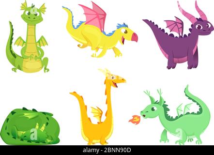 Fantasy dragons. Cute reptiles amphibians and fairytale dragons with big wings sharp tooth wild creatures vector cartoon Stock Vector