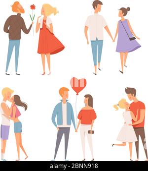Dating couples. St valentine day 14 february happiness hugging romantic lovers characters vector date concept pictures Stock Vector