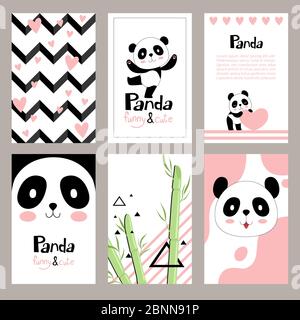 Pandas invitation cards. Newborn cute animals of chinese bear holiday vector placard design templates for kids Stock Vector
