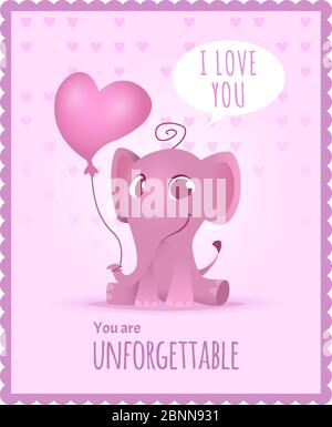 Baby elephant poster. Kids invitation with picture of cute and funny adorable little african elephant vector card or placard template Stock Vector