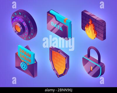 Internet online security 3D. Personal data web protection safety computer internet services firewall vector isometric pictures Stock Vector