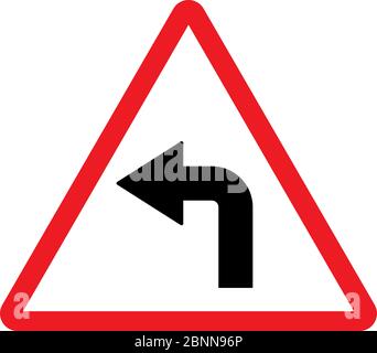 Left turn traffic sign vector . Red triangle background. Roadways traffic signal post. Stock Vector