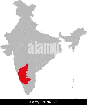 Karnataka map highlighted red color on india map vector illustration. Light gray background. Perfect for business concepts, backdrop, backgrounds, lab Stock Vector