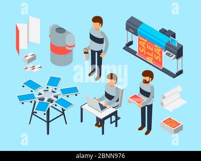 Printing house tools. Industrial inkjet offset publishing laser machine printer coloring copier vector 3d isometric Stock Vector