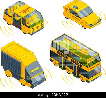 Autonomous vehicle. Unmanned transport at road emergency cars train taxi and buses isometric vector pictures Stock Vector