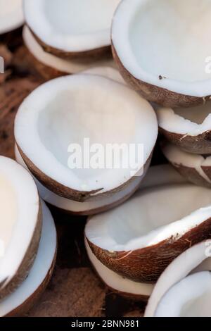Coconut in shell halved halves, Morocco Stock Photo
