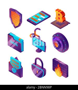 Network protection 3d. Computer hacker web online lock fishing pages and viruses safety vector isometric illustrations Stock Vector