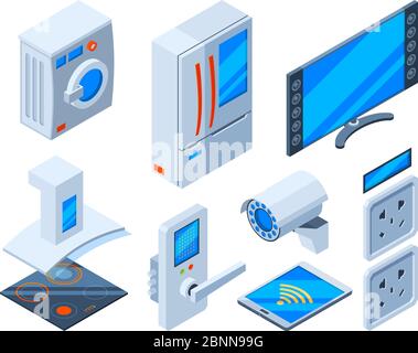 Smart internet objects. Household appliances speakers clocks microwave control future technologies web objects vector isometric Stock Vector