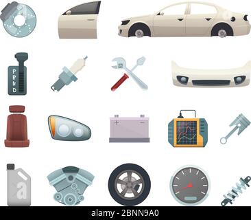 Car parts. Automobile creation kit with gear wheels disc engine transmission steel white door brown seat and headlight vector icons Stock Vector