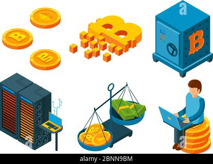 Crypto currency 3d icon. Business ico blockchain computer technologies mining money bitcoin global finance vector isometric Stock Vector