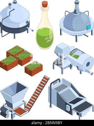 Olive oil extraction. Greek balck and green olive oil production industry farm food press manufacturing vector isometric icons Stock Vector
