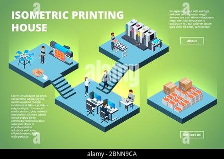 Printing house building. Industrial print production office interior inkjet offset publishing machines copier printer vector isometric Stock Vector