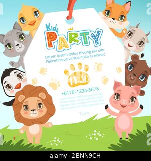 Animals kids invitations. Cute funny jungle animals in cartoon style placard at baby birthday celebration party vector pictures Stock Vector