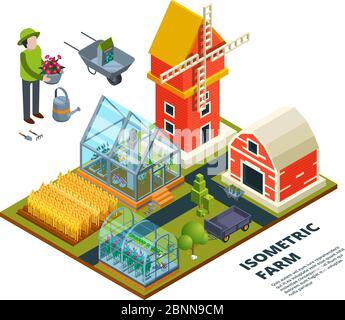 Farm greenhouse. Farming country field plantaion glass house fruits vegetables trees plants outdoor vector isometric pictures Stock Vector