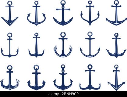 Marine anchor icons. Designs of navy symbols anchors ship or boat. Vector marine retro logotypes template Stock Vector