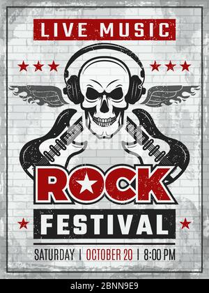 Music festival retro poster. Rock guitar musical instruments in monochrome style. Vector placard of rock or music festivity Stock Vector