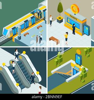 Public subway isometric. Metro railway escalator, train and subway gates people on railway station Vector low poly pictures Stock Vector