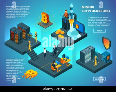 Crypto currency concept. Ico blockchain startup office analytics managers anonymous computer transaction vector isometric composition Stock Vector