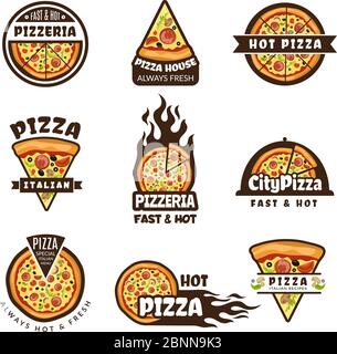 Pizza labels. Pizzeria logo design italian cuisine pie food ingredients vector colored badges template Stock Vector