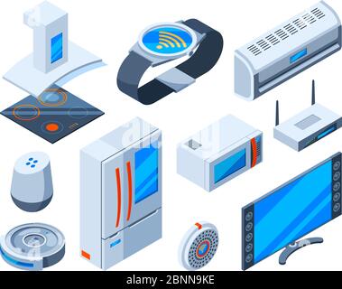 Smart households objects. Home tools with internet technologies electronic security devices control monitor vector isometric pictures Stock Vector