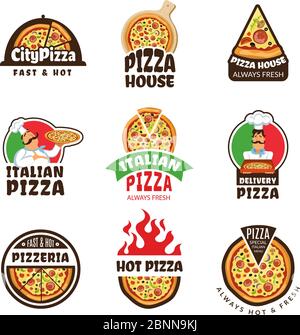 Pizzeria logo. Italian pizza ingredients restaurant cook trattoria lunch colored vector labels or badges Stock Vector