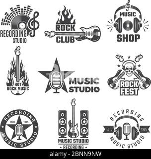 Black music labels. Vintage vinyl cover record microphone and headphones vector symbols for music logotypes or badges records company Stock Vector