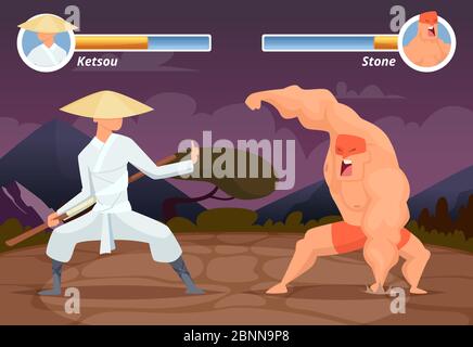 Game fighting. Screen location of computer 2D gaming asian fighter vs wrestler luchador vector background Stock Vector