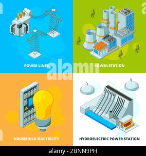 Energy power stations. Electrical symbols generator high voltage transmission vector isometric concept pictures Stock Vector