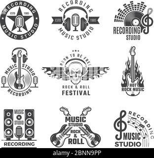 Music labels. Microphone big speaker drums and headphones vector pictures and logos for music records studio Stock Vector