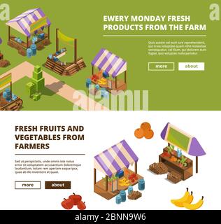 Local farm banners. Outdoor food marketplaces with vegetables meat fish fruits grocery store vector template Stock Vector