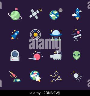Space flat icons. Telescope satellite spaceship earth sun and planets views from observatory vector illustrations Stock Vector