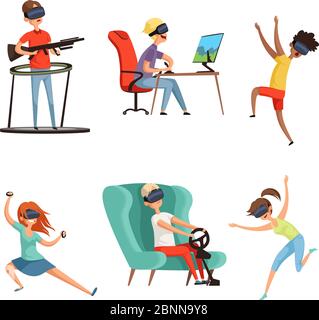 Virtual reality characters. VR helmet Funny peoples gaming virtual headset glasses video gamers. Vector mascot design in cartoon style Stock Vector