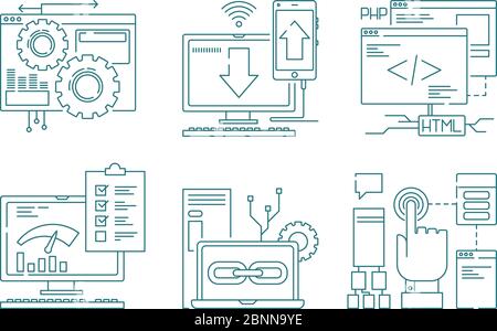 Web development line icons. Seo mobile layout web design creative process code website and app for smartphones vector pictures Stock Vector