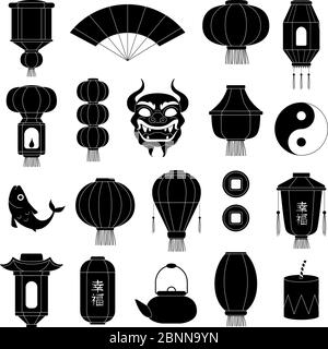 Chinese symbols silhouettes. Asian paper lanterns mask of dragon fish traditional china festive black vector illustrations Stock Vector