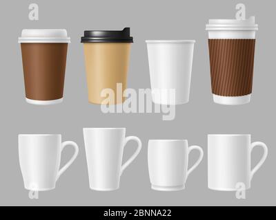 Coffee Mockup Cups Blank White And Brown Mugs For Hot Coffee Realistic Vector Template Of Paper And Ceramic Cups Stock Vector Image Art Alamy