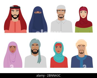 Arab national clothes. Islamic iranian turkish and arabic fashion for male and female headscarf hijab and dresses vector illustrations Stock Vector