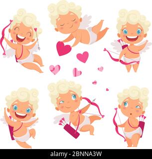 Amur baby angel. Cute funny cupid little god eros greece kids with bow heart hunters romantic vector pictures Stock Vector