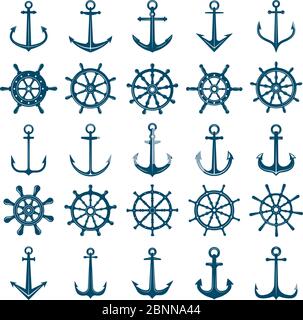 Wheels ship anchors icon. Steering wheels boat and ship anchors marine and navy symbols. Vector silhouettes for logo designs or tattoo Stock Vector