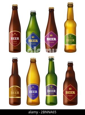 Beer bottles labels. Alcohol cold drinks containers vessels badges design projects. Vector illustrations isolated Stock Vector