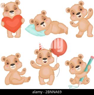 Cute bear pose. Cute animal teddy bear boy toys for kids birthday or valentine gifts vector characters set Stock Vector