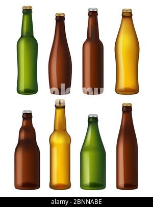 Blank beer bottles. Colored glass containers, vessels for brown and light craft and green beer. Realistic vector illustrations bottles Stock Vector