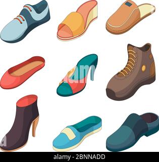 Shoes isometric. Fashion foot shoe boots sandals slippers clothes vector collection isolated Stock Vector